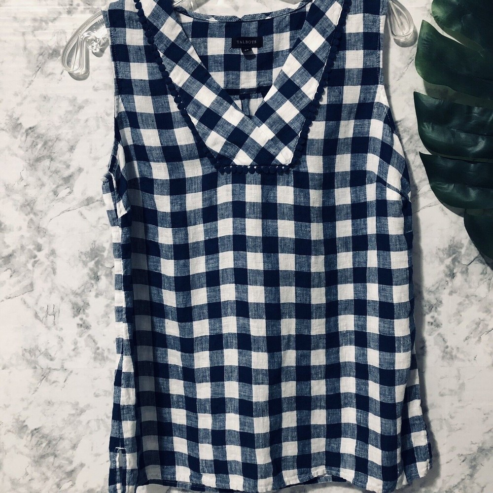 Talbots Linen Shell Plaid Blouse Womens Size XS Checker Top Blue White